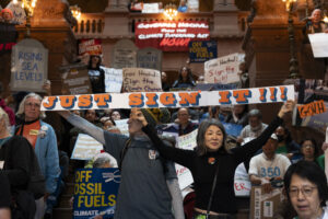 A rally at the NY State capitol shows a big crowd with posters and banners. Two people in frot hold a sign that says "Just Sign it!"