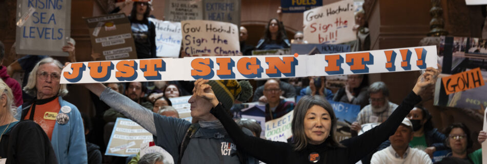 A rally at the NY State capitol shows a big crowd with posters and banners. Two people in frot hold a sign that says "Just Sign it!"