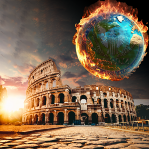 A Fall of FERC meme shows a burning earth with a FERC logo on it above the Roman colosseum