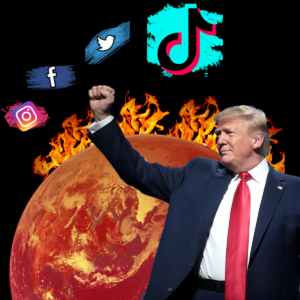 A meme shows Trump standing with his fist raised in front of a burning earth and the logos for social media companies