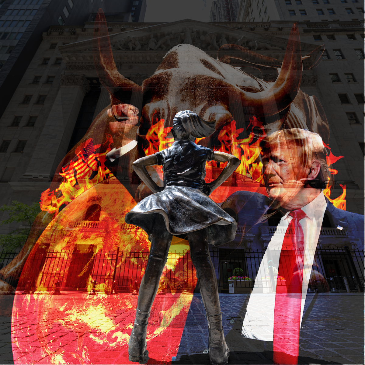 The brave little grl statue on wall street faces down a charging bull a burning planet and Donald Trump to symbolize banks funding fossil fuels and fascism