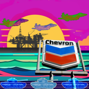 A meme shows a chevron sign superimposed over a pop art sunset with offshore oil rigs, fighter jets and tanks