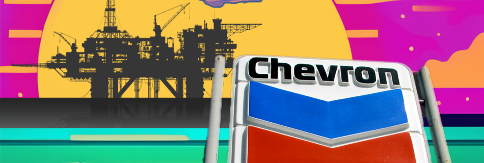 A meme shows a chevron sign superimposed over a pop art sunset with offshore oil rigs, fighter jets and tanks