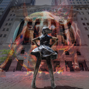 The Brave little girl statue on Wall Street stares down an image of the charging bull and a planet on fire symbolizing the wall street banks investment in climate chaos